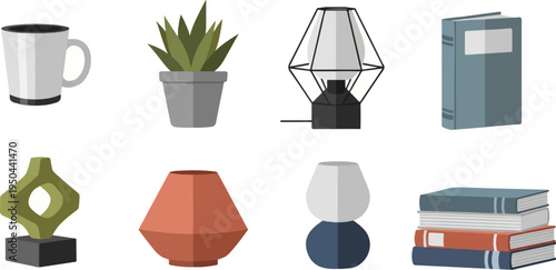 Flat design objects mug, potted plant, lamp, books, sculpture, vase, lamp