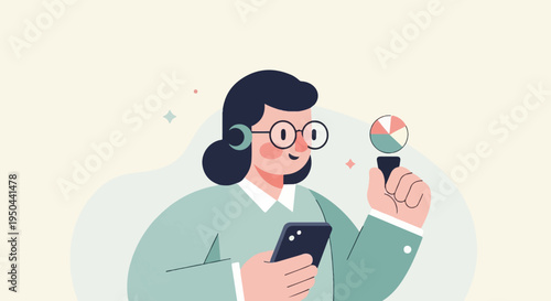 Person holding smartphone and a mini pie chart lightbulb with headphones
