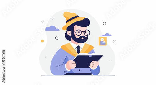 Scholar in a festive hat reads an open book with educational icons
