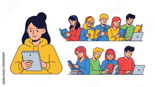 Digital and print: A collective of readers, some immersed in digital tablets and laptops, others engrossed in traditional books.