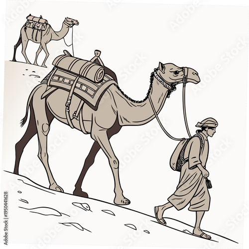 A man leads a camel with another camel in the background