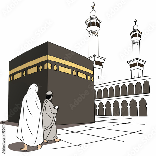 A man and woman walking around the kaaba