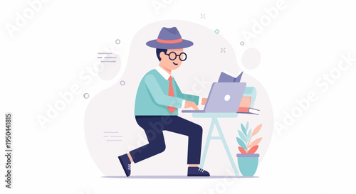 Man in hat and glasses typing on laptop with books and plant nearby