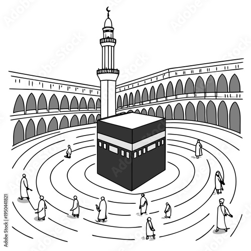 A black and white drawing of people walking around a cube shaped building