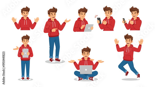 Tech-Savvy Youngster: A series of vibrant illustrations showcases a dynamic young male, seamlessly interacting with technology. He embodies modern connection, engaging with devices.