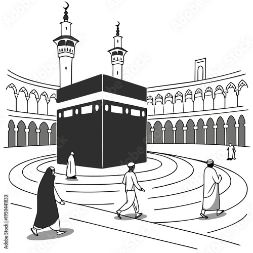 A black and white illustration of the kaaba in mecca