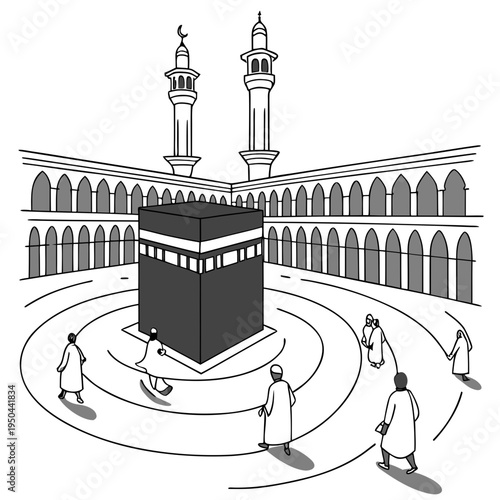 A black and white illustration of the kaaba in mecca
