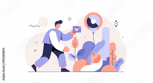 Modern graphic illustration of a person interacting with abstract shapes and plants