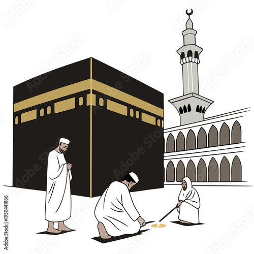 Muslims performing rituals near the kaaba and mosque