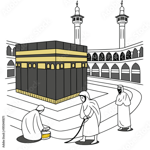 Muslims praying and cleaning around the kaaba