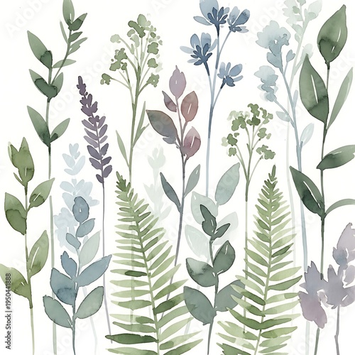 Watercolor botanical illustration depicts a variety of slender stems, leaves, and delicate flowers against a stark white background
