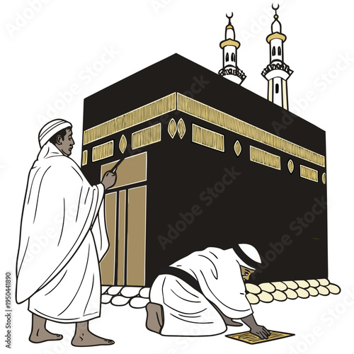 Two muslims in front of a black and gold building