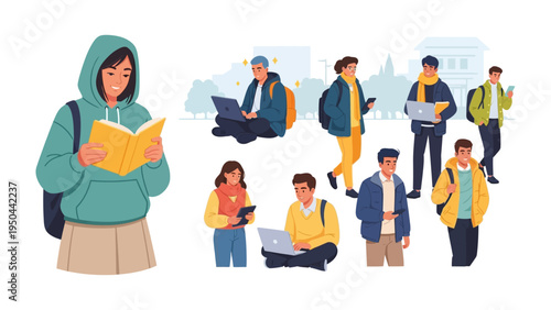 Student Life and Learning: Students engrossed in studies with books and digital devices in park setting. Exploring the essence of higher education, showcasing the harmony of traditional learning.