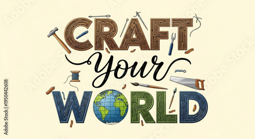Inspirational phrase craft your world with tools and globe on beige background