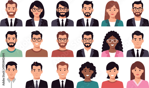 Flat vector illustration set of diverse people avatars, multicultural men and women profile icons for corporate team pages, social media, and user interface