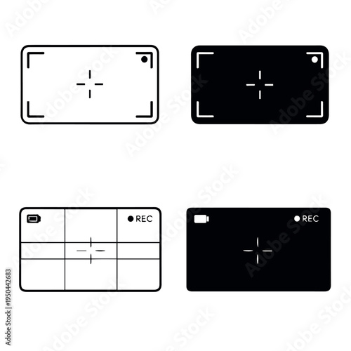 Black and white icons of camera viewfinder designs with crosshairs and recording indicators representing digital video recording interfaces