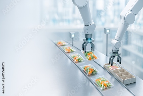 Robotic arms in food packaging process with assorted products