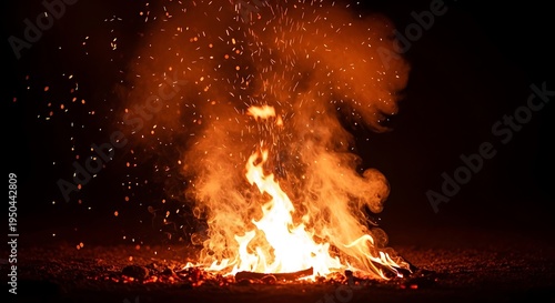 Bright orange flames rise vigorously from a wood pile against a dark night background with ascending embers.