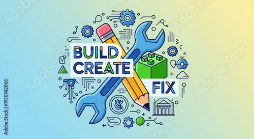 Colorful illustration of tools and icons with 'build create fix' text on gradient background for diy and construction concepts