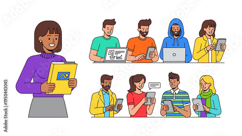 Digital World Collaboration: A collection of illustrations depicting individuals, each engrossed in a digital device, showcasing modern teamwork and online synergy. 