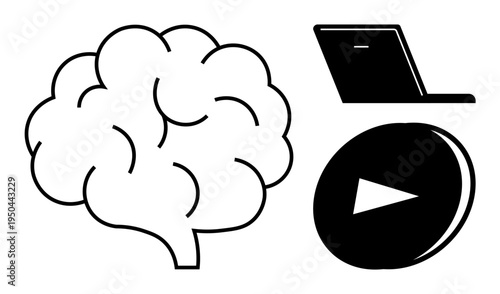Education, technology, media streaming, digital learning, innovation, and cognitive skills. Brain icon, laptop and play button graphics. Education and technology concepts illustrated