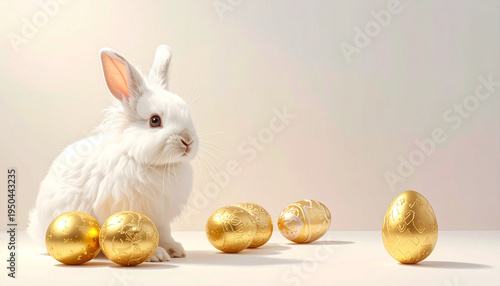 A white rabbit sits beside five golden eggs on a pastel pink surface, framed by soft gradient sparkles, symbolizing Easter joy, spring renewal, and festive elegance.
