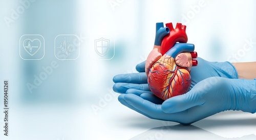Doctor holding anatomical heart model for education about cardiovascular system, cardiology treatment and heart health awareness.