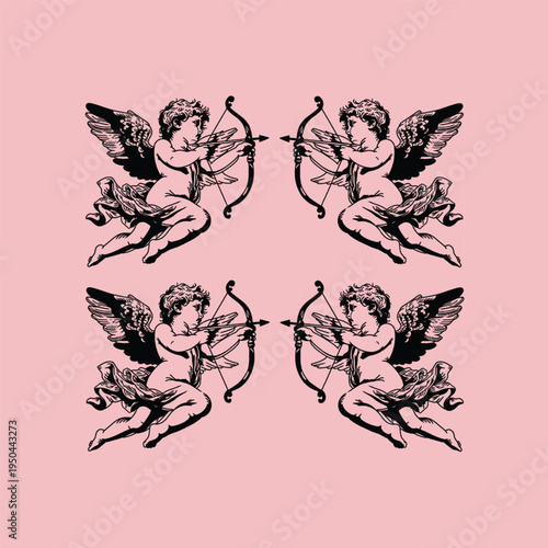 фотографія Vintage cupid cherub angel with bow and arrow pattern, classical engraving style illustration on pink background