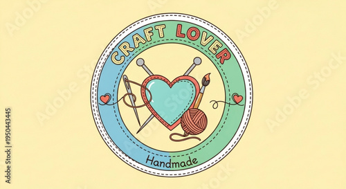 Vibrant craft lover emblem with heart and yarn on pale yellow background