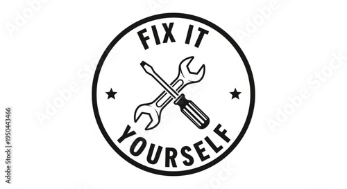 Black diy logo with crossed wrench and screwdriver tools in a circle 'fix it yourself' text