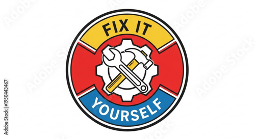 Colorful diy repair logo with wrench and gear on white background for fix it projects and self improvement