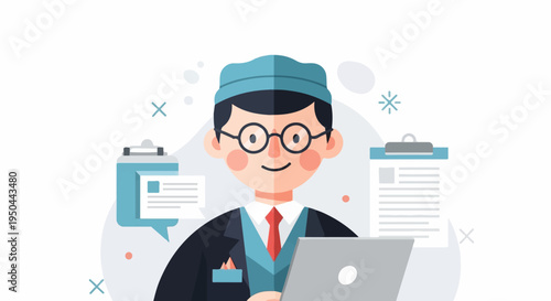 Cartoon businessman with laptop and clipboards, busy work