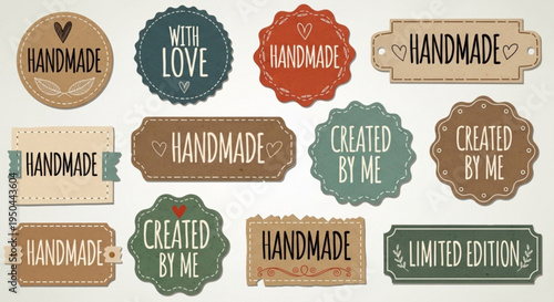 Collection of vintage handmade labels and tags with crafted limited edition stickers on white background
