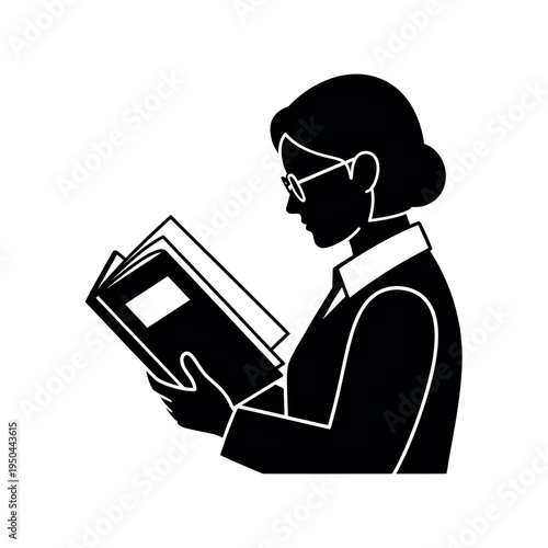 Silhouette of a woman reading a book side profile.
