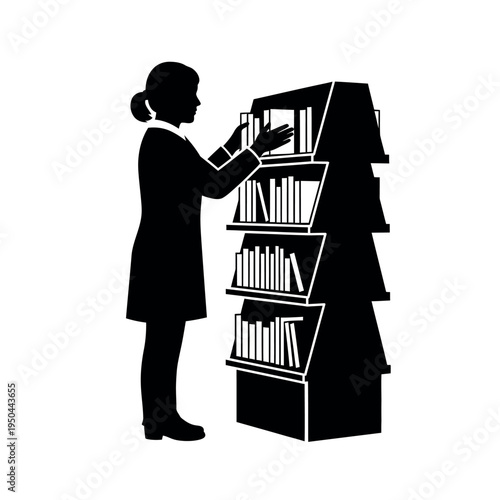 Silhouette of woman arranging books on a shelf.