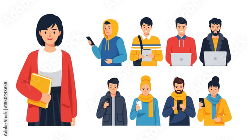 Diverse Individuals with Tech: A vibrant collection of modern individuals, each engaged with cutting-edge technology such as mobile phones and laptops, representing the digital age