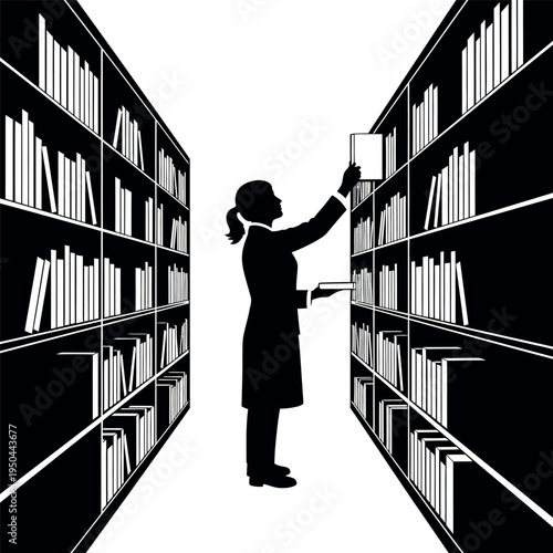 Silhouette of a woman in a library reaching for a book.