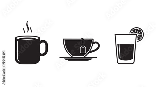 Black and white icons of coffee, tea and juice for beverage concepts