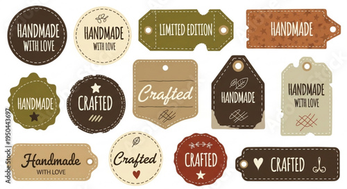 Collection of vintage handmade crafted labels and tags on white background for product branding and packaging