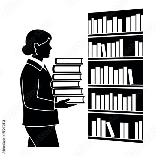 Woman carrying books next to a bookshelf 1.