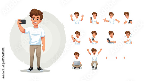 Smartphone Selfie Studio: A young individual, radiating positivity, engages in a series of animated interactions with their smartphone, creating a lively visual narrative of modern lifestyle.