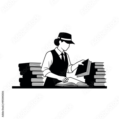 Woman librarian organizing books in a library.