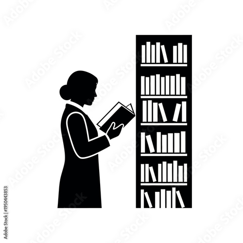 Woman reading book next to a bookshelf in a library.