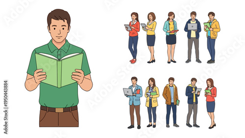 Diverse Student Reads and Studies: An illustration captures a collective of learners engaged in their studies, showcasing the various tools and methods students use to learn and read. 