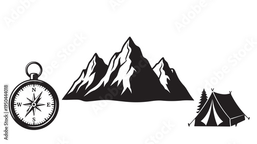 Camping Tent And Compass With Mountain Range For Adventure Travel Concepts