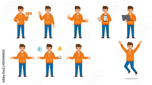 Youthful Expressions: A dynamic young man showcases an array of gestures and expressions, embodying energy and versatility in various poses.