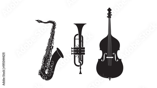 Jazz Instruments Silhouette Saxophone Trumpet Double Bass For Music Concept