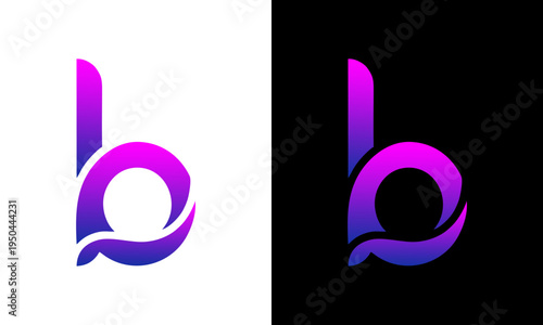 The purple and pink gradient logo with a stylized letter b appears on a white and black background