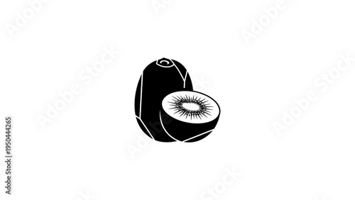 Minimalist silhouette of whole and sliced kiwi fruit in black and white