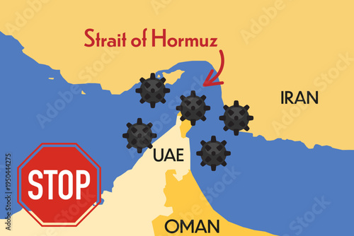 Strait of Hormuz. Vector map with mines and stop sign. War in Iran illustration.